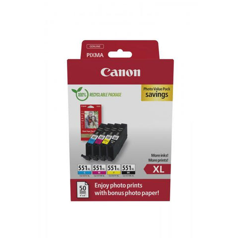 CANON CLI-551XL C/M/Y/BK PHOTO VALUE PACK CONFEZIONE DA 4 XL 11 ML NERO-GIALLO-CIANO-MAGENTA PER MAXIFY MG6650; PIXMA IP8750, IX6850, MG5550, MG5650, MG6650, MG7550, MX725; PIXUS MG7550 + 50 FOGLI PHOTO PAPER PLUS GLOSSY II 101.6 X 152.4 MM