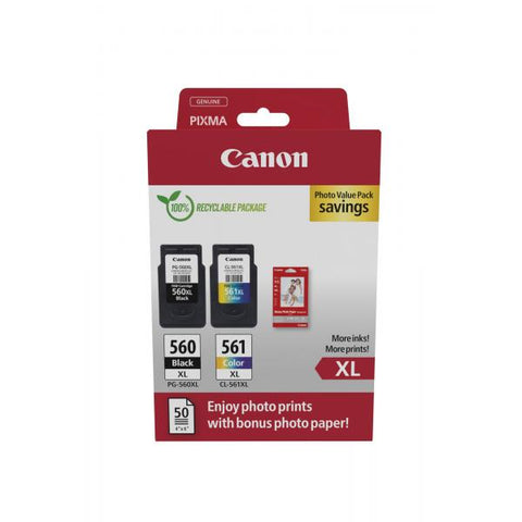 CANON PG-560XL/CL-561XL PHOTO VALUE PACK COFEZIONE 2 INK NERO COLORE CIANO MAGENTA GIALLO ALTA RESA + 50 FOGLI PHOTO PAPER PLUS GLOSSY II LUCIDO 100 x 150 mm