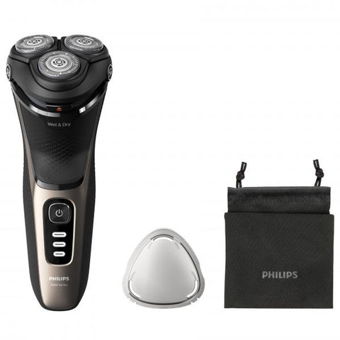 PHILIPS S3242/12 RASOIO ELETTRICO RICARICABILE SERIE 3000 WET & DRY TESTINE PIVOT E FLEX 5D CON CUSTODIA NERO ORO