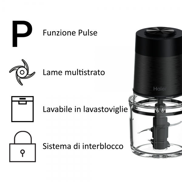 HAIER HCH5B1 TRITATUTTO ELETTRICO SERIES 5 500W 2 VELOCITA' CIOTOLA IN VETRO DA 0.5 LT NERO