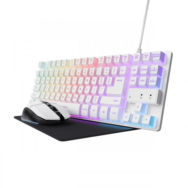 TRUST GXT794 W 3 in 1 TASTIERA COMPACT KTL GAMING QWERTY MOUSE WIRELESS 800-4800 DPI TAPPETINO GAMER BIANCO NERO