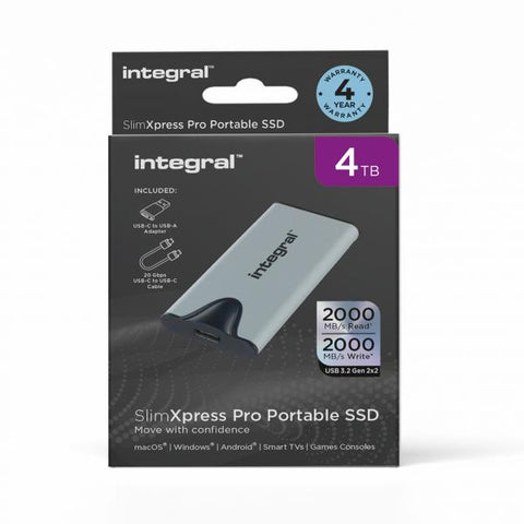 Integral SlimXpress Pro INSSD4TPORT3.2SLIMXS unit esterna a stato solido 4 TB USB 3.2 Gen 2x2 (4TB PORTABLE EXTERNAL SSD USB-C 3.2 GEN.2X2 SLIMXPRESS PRO SILVER R-2000MBs W-2000MBs USB-C to C CABLE
