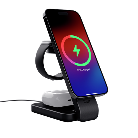 TRUST VIRO 3 IN 1 CARICABATTERIE MAGNETICO 20 W PER iPHONE - APPLE WATCH - AIRPODS CON STAND RICHIUDIBILE NERO