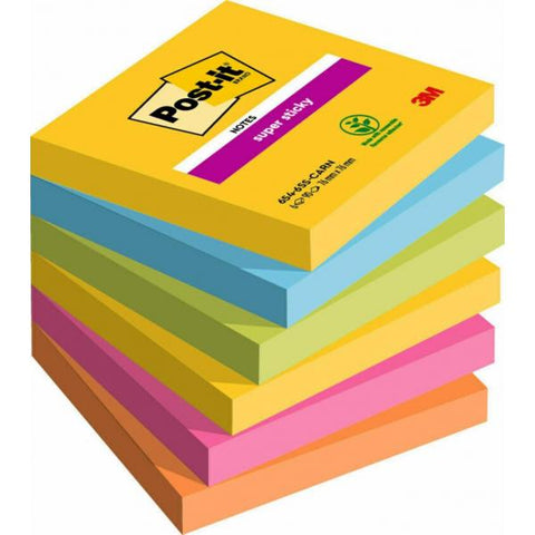 3M POST-IT SUPER STICKY CARNAVAL BLOCCHETTO 76X76 mm 90 FOGLI COLORI ASSORTITI CONF 6 Pz.