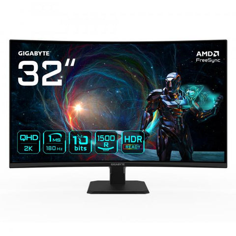 GIGABYTE GS32QCA 31,5 Monitor Gaming Curvo QHD - 2560 x 1440, 180Hz, 1ms, 250 cd/m, FreeSync, HDR Ready, HDMI 2.0, Displayport 1.4 (Gigabyte GS32QCA sk?rm - Kantbelyst LE)