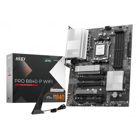Placa base MSI PRO B840-P con Wi-Fi, AMD B840, 4 ranuras DDR5, 2 ranuras M.2, 4 ranuras SATA III, AM5, HDMI y formato ATX.