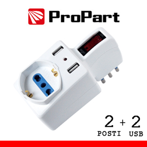 ProPart Adattatore 2pos bipasso/schuko +USB spina10A salvasp. + int.