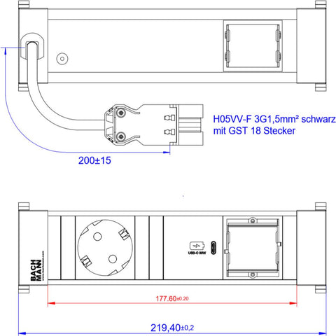 Bachmann Power Frame Steckdosenleiste Small ALU 1xSchutzkontaktsteckdose schwarz mit erhhtem Berhrungsschutz 1xUSB C 30W Charger 1xCustom Module leer Stromeingang 0,2m H05VV-F3G1,5mm mit GST18 Ste