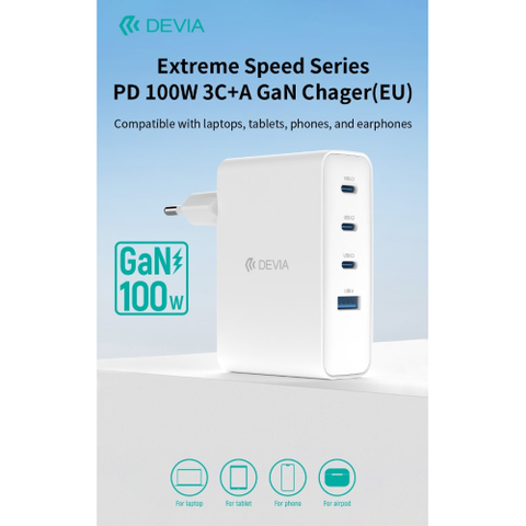 DEVIA CARICA BATTERIE PD DA 100 WATT GAN 3 USCITE TIPO-C E UNA USB A