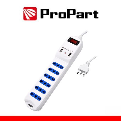 PROPART MULTIPRESA 6 POSTI 10/16A BIPASSO 2P+T + 2 PRESE USB 2.1A RICARICA RAPIDA + INT