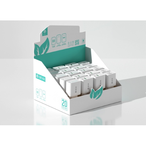 DEVIA ESPOSITORE CARICABATTERIE DA MURO 20 PEZZI 5PZ USB A+A - 5PZ TIPO-C - 10PZ C+A