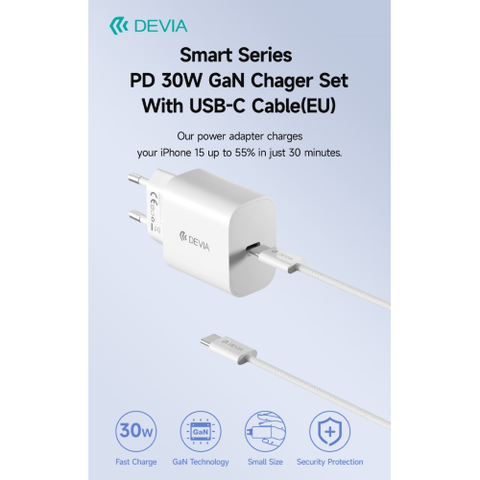 DEVIA CARICA BATTERIE USCITA CON CAVO TIPO-C RAPIDO PD 30 WATT GAN