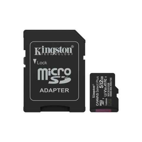 SD-MICRO KINGSTON 512GB CANVAS SELECT PLUS CLASSE 10, UHS-I, U3, VIDEO 30, A1, READ 150MB/S + ADATTATORE - SDCS3/512GB