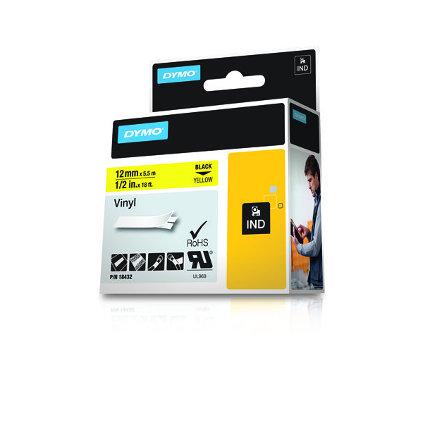 DYMO D1 RHINOPRO NASTRO IN VINILE COLORE GIALLO STAMPA NERO 12MMX5,5MT (18432)