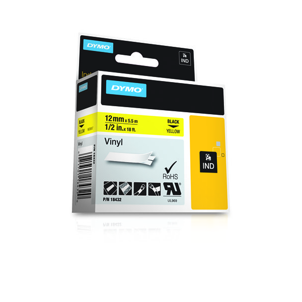 DYMO D1 RHINOPRO NASTRO IN VINILE COLORE GIALLO STAMPA NERO 12MMX5,5MT (18432)