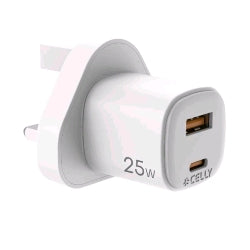 CELLY UP CARICABATTERIE DA RETE GaN CON SPINA INGLESE 25 W 1 x USB-A 1 x USB-C BIANCO