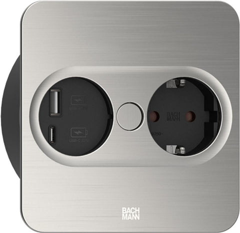 Bachmann TWIST 2 Metallische Abdeckscheibe eckig, Edelstahl-Optik, 1xSchutzkontaktsteckdose schwarz mit erhhtem Berhrungsschutz, 1xUSB A/C 22W Charger, Zuleitung 2,0m H05VV-F3G1,5mm schwarz mit Ad