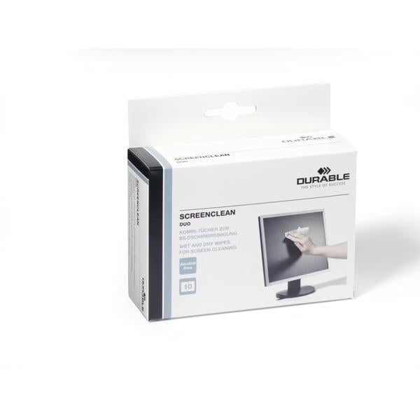 DURABLE SCREENCLEAN DUO 10 COPPIE DI SALVIETTINE MONOUSO PER LA PULIZIA E PER L'ASCIUGATURA ADATTE PER SCHERMI DELICATI E SMARTPHONE TASCABILI