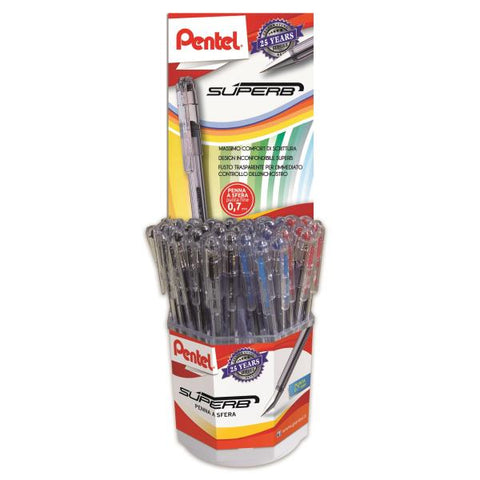 PENTEL SUPERB ESPOSITORE PENNA A SFERA PUNTA CONICA TRATTO 0.7 mm COLORI ASSORTITI CONF 96 Pz.