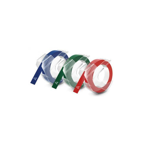 DYMO 3D CONFEZIONE 3xNASTRO EN VINILO POR ETICHETTE 9MM x 3MT COLORI ROSSO+BLU+NERO STAMPA BIANCO