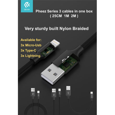 DEVIA PHEEZ SET 3 CAVI 5 VOLT 2,1A M-USB 25CM - 1MT - 2MT GRIGI