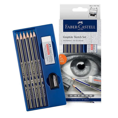 FABER CASTELL GOLDFABER GRAPHITE SKETCH SET MATITE 2H/HB/B/2B/4B/6B + GOMMA + TEMPERINO CONF. 8 Pz.