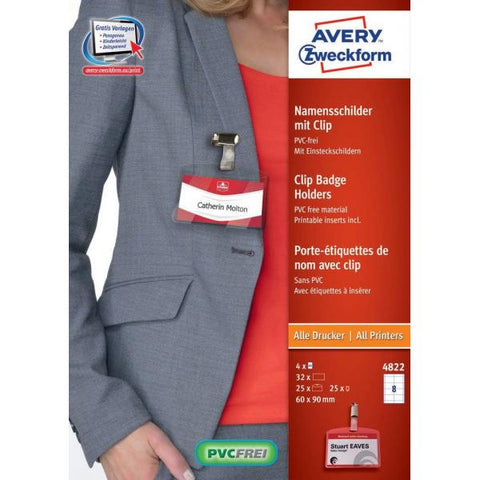 AVERY KIT PORTABADGE 90X60 mm CON CLIP E 32 BADGE STAMPABILI TRASPARENTE CONF 25 Pz.