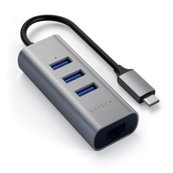 SATECHI HUB IN ALLUMINIO 2 IN1 3 PORTE USB 3.0 TIPO-C CON PORTA ETHERNET COMPATIBILE CON 2018 MACBOOK AIR, 2018 IPAD PRO, 2016/2017/2018 MACBOOK PRO, MICROSOFT SURFACE GO (GRIGIO SIDERALE)