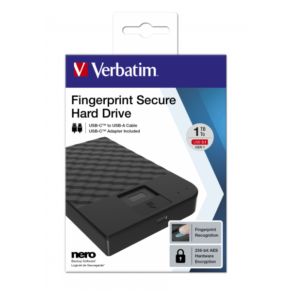 Verbatim Disco Rigido Portatile Fingerprint Secure da 1 TB (1TB Verbatim Fingerprint Secure 2.5 inch USB 3.0 256 AES Enc)