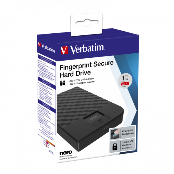 Verbatim Disco Rigido Portatile Fingerprint Secure da 1 TB (1TB Verbatim Fingerprint Secure 2.5 inch USB 3.0 256 AES Enc)