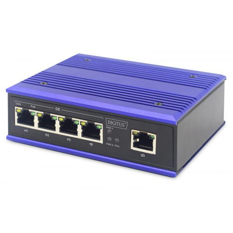 Digitus Switch PoE di rete Gigabit a 4 porte, industriale, non gestito, 1 collegamento RJ45 (INDUSTRIAL 4-PORT GIGABITPOESW - 1XUPLINK DIN RAIL EXT.TEMP RANGE)