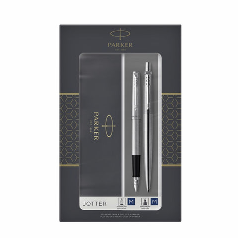 PARKER JOTTER DUO SET CON PENNA A SFERA E STILOGRAFICA IN ACCIAIO FINITURA CROMATE INCHIOSTRO BLU