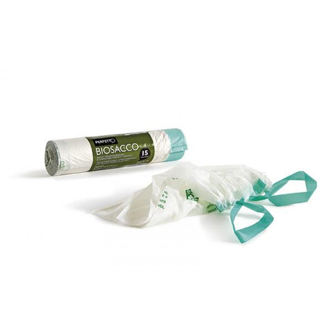 PERFETTO BIOSACCO SACCHI IMMONDIZIA BIODEGRADABILI ROTOLO A STRAPPO DA 15 SACCHETTI TRASPARENTE