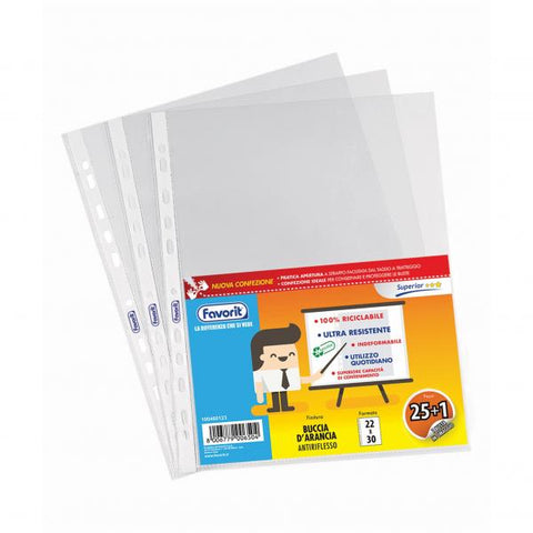 FAVORIT BUSTE A U CON FORATURA UNIVERSALE IN PP BUCCIA D'ARANCIA CM 30X22 A4 TRASPARENTE CONF 26 Pz.