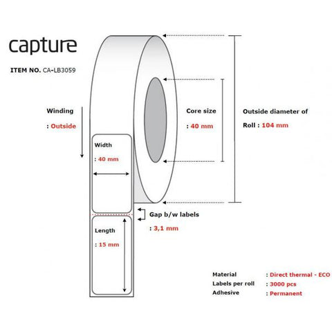Capture CA-LB3059 etichetta per stampante Bianco (Label 40x15, Core 40, - Diameter 104 mm. Thermal - print. Uncoated. Permanent. 3000 labels per roll. 12 rolls per box.)