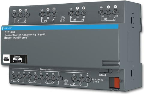 Busch-Jaeger 6251/8.8. Produkttyp: Schaltaktor, Befestigungstyp: DIN-Schienenmontage, Anzahl Kanle: 8 Kanle. Energiequelle: Gleichstrom, Maximale Schaltleistung: 1380 W, Eingangsspannung: 21 - 30 V