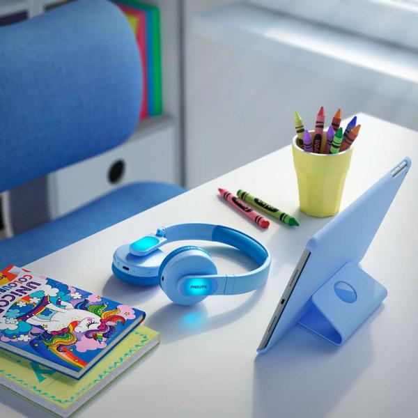 PHILIPS CUFFIE CON MICROFONO WIRELESS PER BAMBINI VOLUME LIMITATO 4 COLORI DI LUCE BLU