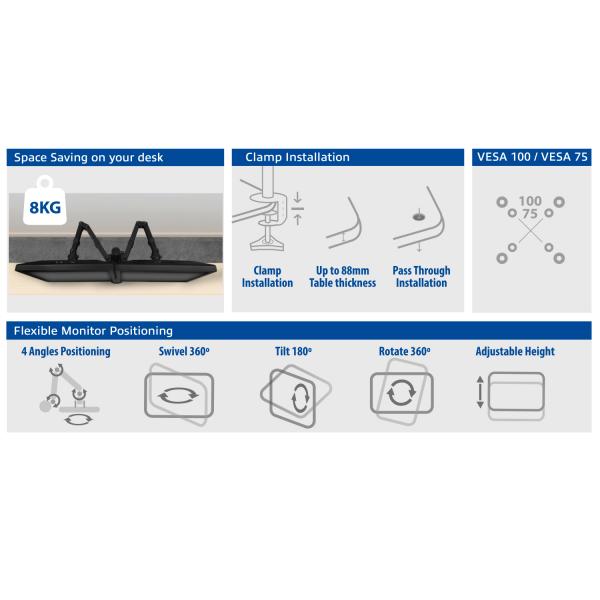 ACT AC8302 supporto da tavolo per Tv a schermo piatto 81,3 cm (32") Morsa/Bullone di ancoraggio Nero