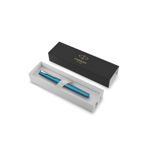 PARKER VECTOR XL PENNA ROLLER PUNTA F CORPO TEAL METALLIZZATO PUNTALE CROMATO INCHIOSTRO NERO CONFEZIONE REGALO
