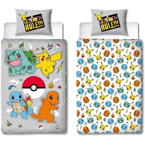 Set letto reversibile - POKEMON - Pikachu e Starter - Grigio - Microfibra - 1 copripiumino 140 x 200 cm + 1 federa 63 x 63 cm
