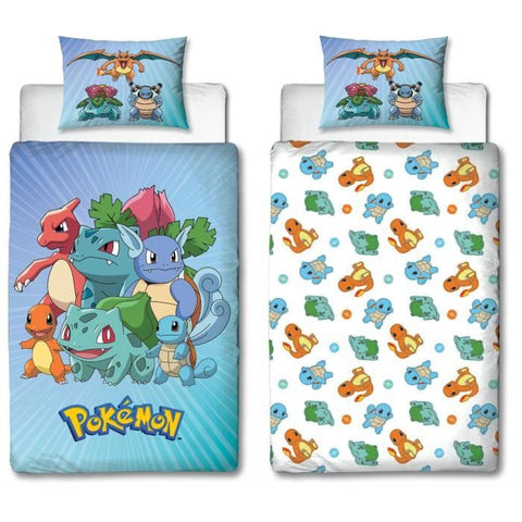 Set letto reversibile - POKEMON - Pikachu e Starter - Blu - Microfibra - 1 copripiumino 140 x 200 cm + 1 federa 63 x 63 cm