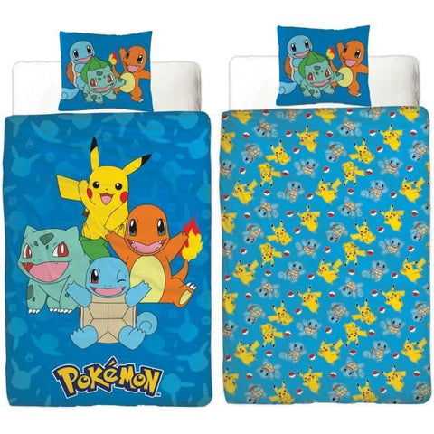 Completo letto reversibile - POKEMON - Pikachu e Starter 1G II - Microfibra - 1 copripiumino 140 x 200 cm + 1 federa 63 x 63 cm