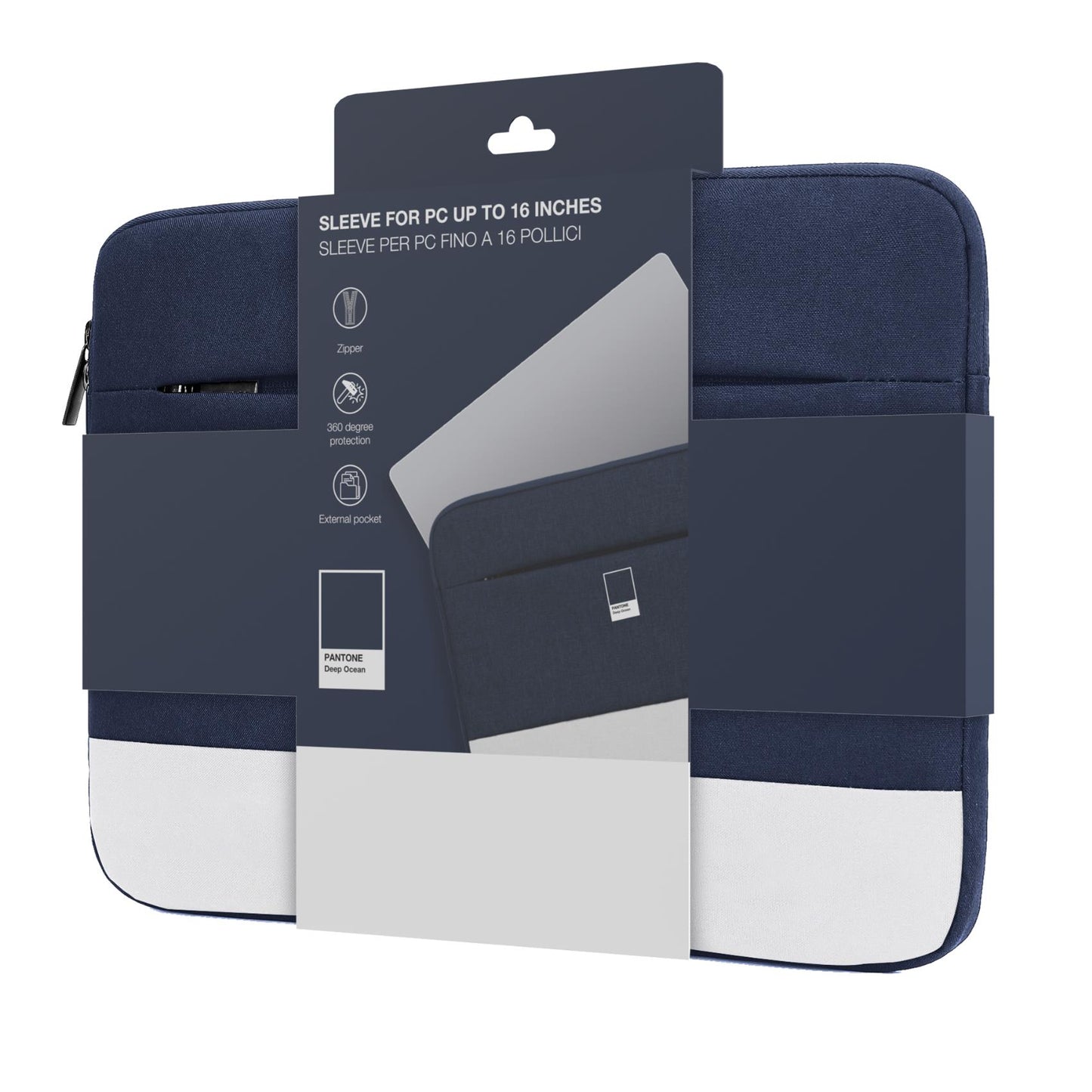 PANTONE PT-BPC001N SLEEVE PER NOTEBOOK FINO A 16" CHIUSURA ZIP TASCA ESTERNA IMBOTTITURA INTERNA BLU