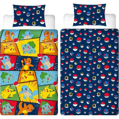 Set letto reversibile - POKEMON - Starter & Poké-ball - Microfibra - 1 copripiumino 140 x 200 cm + 1 federa 63 x 63 cm