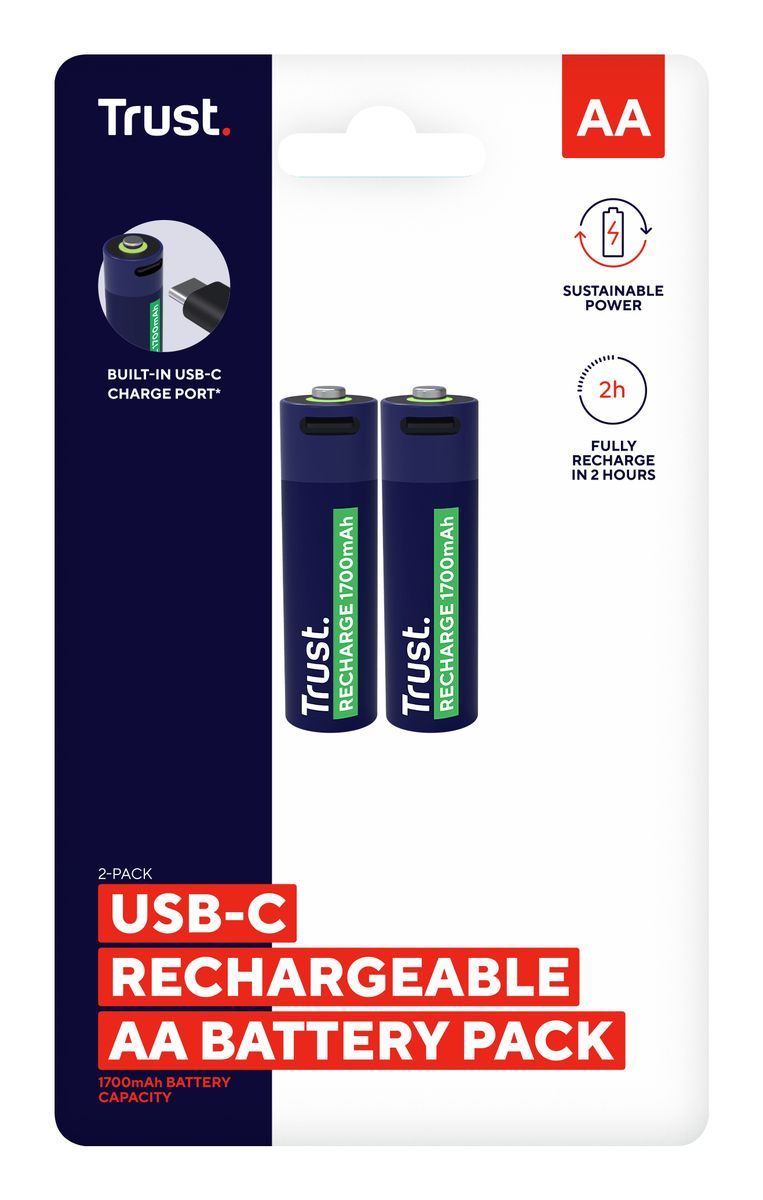 TRUST 25584 BATTERIE RICARICABILI VIA USB-C AA STILO 1.700mAh CONF 2 Pz.