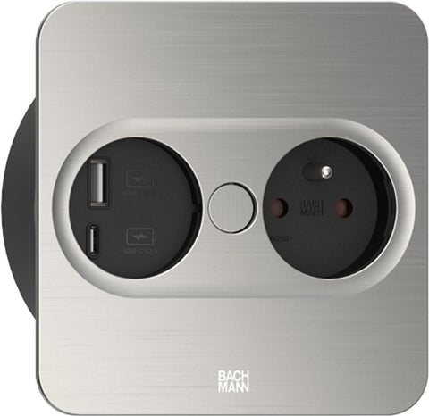 Bachmann TWIST 2 Metallische Abdeckscheibe eckig, Edelstahl-Optik, 1xUTE Frankreich Steckdose schwarz mit erhhtem Berhrungsschutz, 1xUSB A/C 22W Charger, Zuleitung 2,0m H05VV-F3G1,5mm schwarz mit