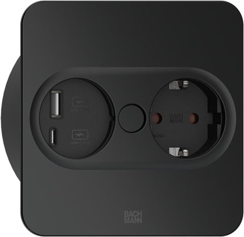 Bachmann TWIST 2 Metallische Abdeckscheibe eckig, wei matt, hnlich RAL 9010 30GE seidenmatt, 1xSchutzkontaktsteckdose schwarz mit erhhtem Berhrungsschutz, 1xUSB A/C 22W Charger, Zuleitung 2,0m H0