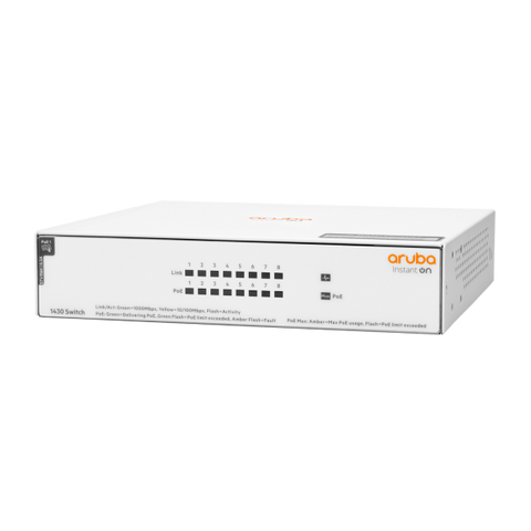 Hewlett Packard Enterprise Aruba Instant On 1430 8G Class4 PoE 64W Non gestito L2 Gigabit Ethernet (10/100/1000) Supporto Power over Ethernet (PoE) Bianco