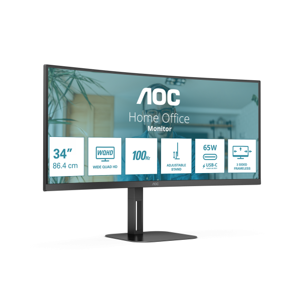 MONITOR AOC LED 34" Wide CURVED CU34V5C/BK VA 3440x1440 4ms 300cd/mq 20.000.000:1 2x5W MM Reg.H HDMI DP USB-C docking
