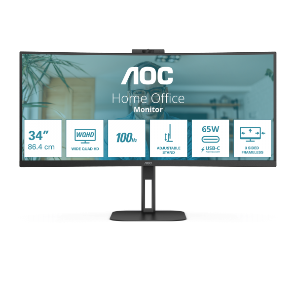 MONITOR AOC LED 34" Wide CURVED CU34V5C/BK VA 3440x1440 4ms 300cd/mq 20.000.000:1 2x5W MM Reg.H HDMI DP USB-C docking